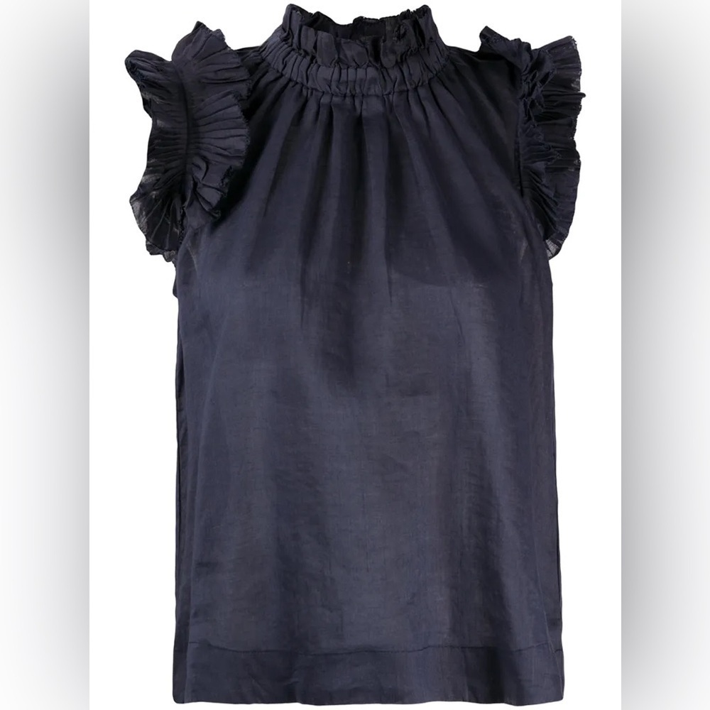 SEA New York Lucy Ruffled Ramie Tank Top Blouse In Blue size 0